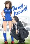  1boy 1girl animal_ears black_hair cesare_prandelli federica_n_doglio football_uniform italian necktie panties shiny shiny_skin shoes sportswear strike_witches tail underwear vt watch 