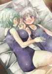  2girls ass blush breasts flat_chest green_hair grey_hair impossible_clothes impossible_swimsuit large_breasts multiple_girls no_hat no_headwear open_mouth short_hair smile soga_no_tojiko touhou toyosatomimi_no_miko violet_eyes yellow_eyes yohane 