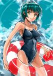  1girl absurdres competition_school_swimsuit green_hair highres innertube one-piece_swimsuit original puma_(hyuma1219) school_swimsuit short_hair swimsuit yellow_eyes 