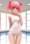  1girl blush breasts hair_ribbon highres kaname_madoka looking_at_viewer mahou_shoujo_madoka_magica one-piece_swimsuit pink_eyes pink_hair pool ribbon school_swimsuit short_hair short_twintails siraha smile solo swimsuit thigh_gap twintails water white_school_swimsuit white_swimsuit 