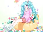  bloodtea blue_hair hatsune_miku highres long_hair pill pink_eyes sitting socks thermometer twintails very_long_hair vocaloid 