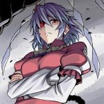  1girl breasts bust crossed_arms eyepatch h-new large_breasts looking_at_viewer neckerchief puffy_short_sleeves puffy_sleeves purple_hair red_eyes rope shimenawa short_over_long_sleeves short_sleeves solo touhou yasaka_kanako 