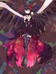 1girl absurdres akemi_homura akuma_homura argyle argyle_legwear bare_shoulders black_gloves black_hair bow choker dress elbow_gloves feathered_wings gloves hair_bow highres long_hair looking_at_viewer mahou_shoujo_madoka_magica mahou_shoujo_madoka_magica_movie outstretched_arm smile solo space thigh-highs violet_eyes wings zettai_ryouiki 