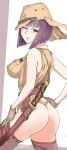  1girl ass bob_cut breasts character_request gloves hand_on_hip hat highres large_breasts looking_at_viewer moeyo!_sensha_gakkou nogami_takeshi one_eye_closed purple_hair short_hair solo sword thigh-highs violet_eyes weapon 