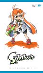  1girl ahoge blush_stickers brown_eyes cover fake_cover game_cover gotthi highres inkling mask nintendo orange_hair pointy_ears shoes sneakers solo splatoon super_soaker t-shirt twintails wii_u 