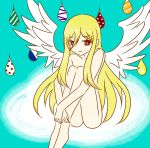  1boy afuro_terumi androgynous angel_wings barefoot blonde_hair inazuma_eleven inazuma_eleven_(series) long_hair looking_at_viewer male nude red_eyes smile solo trap very_long_hair wings 