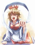  1girl all_fours apron blonde_hair brown_hair hair_ornament highres long_sleeves looking_at_viewer multicolored_hair open_mouth paw_pose shawl shirt skirt solo streaked_hair toramaru_shou touhou waist_apron wendell yellow_eyes 