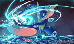  artist_name bubble copyright_name frog greninja highres no_humans pokemon pokemon_(creature) red_eyes sei_(seiryuuden) shuriken water watermark 