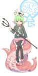  1girl green_hair original pine polearm red_eyes short_hair solo tentacles thigh-highs trident weapon 