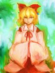  1girl absurdres blonde_hair bow detached_sleeves gradient gradient_background hair_bow hair_ornament hands_in_sleeves highres light_smile lips looking_at_viewer oil_painting_(medium) ribbon satsuki_rin short_hair sitting solo touhou traditional_media ybth9190 yellow_eyes 