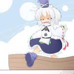  1girl boat chibi hat hiyori_(higanahannnti) japanese_clothes kariginu mononobe_no_futo ponytail short_hair silver_hair skirt solo tate_eboshi tears touhou trembling 