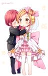  2girls blush chibi closed_eyes dress formal hoshizora_rin hug love_live!_school_idol_project matsusaka_gyuu multiple_girls nishikino_maki orange_eyes orange_hair pant_suit redhead short_hair suit thigh-highs twitter_username veil yuri 