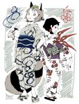  2girls animal_ears asasui black_hair brown_eyes brown_hair fan flower futatsuiwa_mamizou geta hair_flower hair_ornament hand_on_hip houjuu_nue japanese_clothes kimono leaf leaf_on_head looking_back multiple_girls no_glasses paper_fan raccoon_ears raccoon_tail red_eyes sandals smile tail touhou uchiwa 