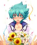  1boy aqua_eyes aqua_hair blush bouquet bust confetti face flower johan_andersen looking_at_viewer open_mouth solo_focus tobi_(one) white_background yuu-gi-ou yuu-gi-ou_gx 