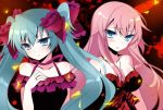  2girls acute_(vocaloid) aqua_eyes aqua_hair hand_on_own_chest hatsune_miku ichiyou_moka jewelry long_hair megurine_luka multiple_girls necklace ring twintails vocaloid 