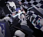  arisato_minato armband black_hair blue_eyes blue_hair chain checkered digital_media_player evoker gun gun_to_head hair_over_one_eye headphones persona persona_3 pharos school_uniform short_hair smile sword thanatos weapon yuuki_makoto 