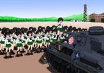  6+girls anglerfish armband black_hair blush clouds crowd embarrassed emblem girls_und_panzer gotou_moyoko hairband konparu_nozomi laughing looking_back military military_vehicle miniskirt multiple_girls neckerchief open_mouth outdoors panzerkampfwagen_iv pleated_skirt reizei_mako school_uniform serafuku short_hair skirt sky sono_midoriko standing straddling tank vehicle yamucya01 