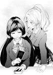  ayase_eli blazer blush breasts card chado long_hair love_live!_school_idol_project monochrome multiple_girls open_mouth ponytail school_uniform skirt smile toujou_nozomi twintails 