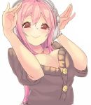  1girl blush breasts bust cleavage hair_between_eyes headphones large_breasts long_hair nitroplus pink_hair red_eyes simple_background smile solo super_sonico white_background yoo_(tabi_no_shiori) 