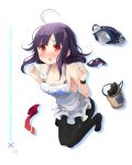  1girl ahoge apron black_legwear blush breasts cleavage kantai_collection long_hair looking_at_viewer low_twintails naked_apron open_mouth pantyhose purple_hair red_eyes shin_(new) simple_background solo taigei_(kantai_collection) tears twintails white_background 