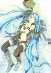  1girl belt bikini bikini_top blue_eyes blue_hair boots character_name fu-ta hatsune_miku highres long_hair lying on_back open_clothes open_shirt partially_submerged shorts solo striped striped_bikini striped_swimsuit swimsuit thigh-highs twintails very_long_hair vocaloid 