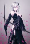  1girl armor breasts dual_wielding loincloth mstm original petals red_eyes solo sword weapon white_hair 