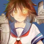  1girl artist_request blue_background brown_eyes brown_hair burnt furutaka_(kantai_collection) glowing glowing_eye kantai_collection looking_at_viewer lowres personification sailor_collar scar school_uniform serafuku short_hair smile solo yellow_eyes 