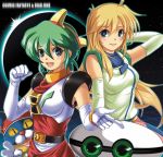  2girls armor belt blonde_hair carry_(dead_zone) cat clenched_hand copyright_name cosmic_fantasy crossover dead_zone elbow_gloves gloves green_hair highres long_hair mai_(cosmic_fantasy) marry_(dead_zone) multiple_girls nyan_(cosmic_fantasy) robot shirt short_hair tanbe white_gloves yellow_sclera 