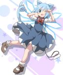  1girl animal_ears blue_dress blue_eyes blue_hair bow cat_ears cat_tail cirno collar do_(4-rt) dress highres ice ice_wings kemonomimi_mode leash looking_at_viewer one_eye_closed open_mouth paw_pose puffy_short_sleeves puffy_sleeves shirt short_sleeves smile solo tail touhou wings wink 