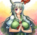  1girl :d artist_name ascot bow breasts bust collarbone colored_eyelashes dress ex-keine green_dress green_hair hands_clasped hands_together horn_bow horns huge_breasts impossible_clothes impossible_dress kamishirasawa_keine long_hair looking_at_viewer open_mouth puffy_sleeves red_eyes short_sleeves signature smile solo touhou umigarasu_(kitsune1963) 