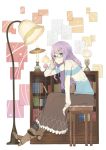  1girl adjusting_glasses arm_support black_legwear blue_eyes boots casual chair crescent_moon glasses hair_ornament haya_kewi lamp leaning_forward long_hair long_skirt moon patchouli_knowledge purple_hair sitting skirt sleeves_past_wrists smile solo sweater touhou 
