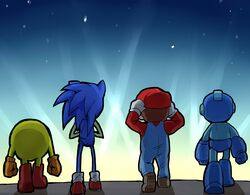  4boys from_behind highres mario multiple_boys nishikun pac-man rockman_(character) sonic super_smash_bros. 