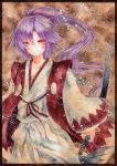 1girl hakama japanese_clothes kataginu katana long_hair meira ponytail purple_hair qqqrinkappp red_eyes samurai sarashi smile sword touhou touhou_(pc-98) weapon wide_sleeves 