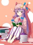  1girl barefoot book book_stack capelet coat crescent dress hair_ribbon highres long_hair long_sleeves looking_at_viewer mob_cap nandemo118 open_clothes open_coat patchouli_knowledge pink_eyes purple_dress purple_hair ribbon sitting solo striped striped_dress touhou tress_ribbon very_long_hair 