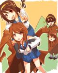  2girls asahina_mikuru brown_eyes brown_hair carrying coat long_hair multiple_girls sakayume school_uniform serafuku short_hair shoulder_carry sunglasses_removed suzumiya_haruhi suzumiya_haruhi_no_yuuutsu 