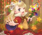  1girl ;d apron asymmetrical_hair blonde_hair blue_eyes bow brown_background cropped_jacket crown dress highres long_hair mini_crown mojuke one_eye_closed open_mouth outstretched_hand pupuru_(sei_madou_monogatari) red_dress sei_madou_monogatari side_ponytail smile solo striped striped_background wand wink 