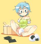  1girl amputee barefoot blue_eyes blue_hair blush cooking food onigiri original oyatsu_(mk2) short_hair 