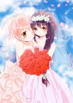  2girls akemi_homura alternate_hairstyle black_hair blush bouquet braid cheek-to-cheek dress flower head_wreath jewelry kaname_madoka long_hair looking_at_another mahou_shoujo_madoka_magica multiple_girls nanashiki necklace one_eye_closed pink_eyes pink_hair red_rose rose short_hair single_braid smile tiara veil violet_eyes wedding_dress yuri 