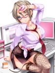  1girl arm_up between_breasts blue_eyes blush bracelet breasts brown_hair cleavage computer_keyboard crossed_legs fishnet_legwear fishnets garter_straps glasses jewelry large_breasts lips moneti_(daifuku) monitor necktie necktie_between_breasts one_eye_closed original pendant short_hair side_slit sitting skirt smile solo thighhighs wink 