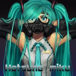  1girl aqua_eyes aqua_hair arms_up bust character_name detached_sleeves gas_mask gradient gradient_background hatsune_miku inja long_hair looking_at_viewer necktie solo twintails very_long_hair vocaloid 