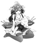  1girl ahoge bare_shoulders blush detached_sleeves hair_ornament hairband headgear japanese_clothes kantai_collection kongou_(kantai_collection) long_hair looking_at_viewer miniskirt monochrome nontraditional_miko open_mouth personification pleated_skirt skirt smile solo thigh-highs tk_(takotsuboya) 