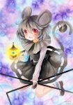  1girl animal_ears bishamonten&#039;s_pagoda blush capelet dowsing_rod dress grey_hair highres jewelry mosho mouse mouse_ears mouse_tail nazrin pendant red_eyes short_hair smile solo tail touhou traditional_media watercolor_(medium) 