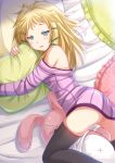  1girl bed_sheet black_bullet blonde_hair blue_eyes blush hair_ornament highres kazenokaze looking_at_viewer lying on_side pillow solo stuffed_animal stuffed_bunny stuffed_toy tina_sprout 