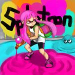 1girl bike_shorts eyes inkling inkling_girl payot pink_hair pointy_ears red_eyes shoes slime sneakers solo splatoon splatoon_(series) super_soaker