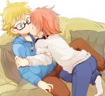  2boys blonde_hair blue_eyes closed_eyes glasses highres hoodie kiss male multiple_boys myuu1995 orange_hair sweater yaoi 