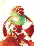  1girl artist_name bow closed_eyes frilled_ribbon front_ponytail gradient gradient_background green_hair hacko hair_ribbon hands_on_own_chest hands_together highres kagiyama_hina layered_dress long_hair puffy_short_sleeves puffy_sleeves ribbon short_sleeves simple_background smile solo touhou wrist_ribbon 