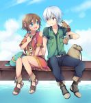  1boy 1girl :d amy_(suisei_no_gargantia) bag blue_eyes braid brown_gloves brown_hair dark_skin gloves hair_ornament hairclip ledo_(suisei_no_gargantia) looking_at_another navel open_mouth short_hair shoulder_bag silver_hair sitting smile soranagi squirrel suisei_no_gargantia tagme twin_braids violet_eyes 