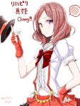  1girl blush bow clearite drawr fingerless_gloves frown gloves hand_on_hip hat looking_at_viewer love_live!_school_idol_project making_of navel nishikino_maki red_gloves redhead skirt solo suspenders top_hat translation_request violet_eyes 