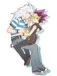  2boys belt blonde_hair buckle chain chesha finger_to_mouth full_body long_hair looking_at_another male multicolored_hair multiple_boys mutou_yuugi pants purple_hair shadow shoes silver_hair sitting sitting_on_lap sitting_on_person sleeveless sneakers spiky_hair striped two-tone_hair white_background yami_bakura yuu-gi-ou yuu-gi-ou_duel_monsters 