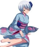  1girl barefoot breasts brown_eyes deviantart_thumbnail fairy_tail flower flower_on_head hair_ornament highres japanese_clothes kimono looking_at_viewer short_hair silver_hair sitting solo wavy_mouth yukino_aguria 